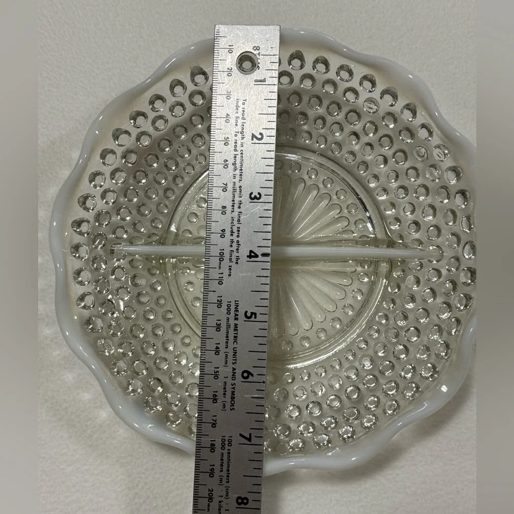 Vintage Fenton Moonstone Opalescent Hobnail 7 1/2” Divided Dish With Ruffle Rim